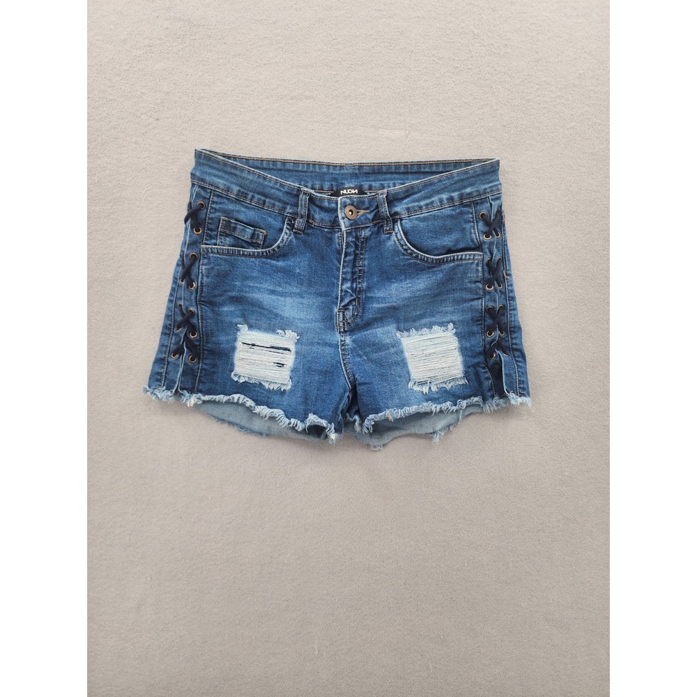 NUON Womens Distressed Lace Up Side Denim Shorts Blue Frayed Hem Size 30 Stretch